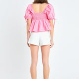 Tied Strap Puff Sleeve Woven Top
