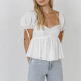 Tied Strap Puff Sleeve Woven Top