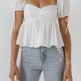 Tied Strap Puff Sleeve Woven Top