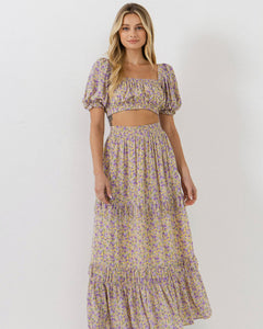 Floral Shirring Detail Long Skirt