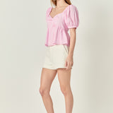 Check Print Puff Sleeve Top