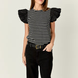 Stripe Knit with Poplin Puff Sleeve Top