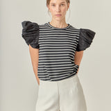 Stripe Knit with Poplin Puff Sleeve Top
