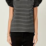 Stripe Knit with Poplin Puff Sleeve Top