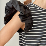 Stripe Knit with Poplin Puff Sleeve Top