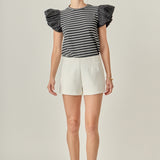 Stripe Knit with Poplin Puff Sleeve Top