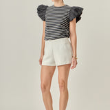 Stripe Knit with Poplin Puff Sleeve Top