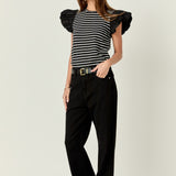 Stripe Knit with Poplin Puff Sleeve Top