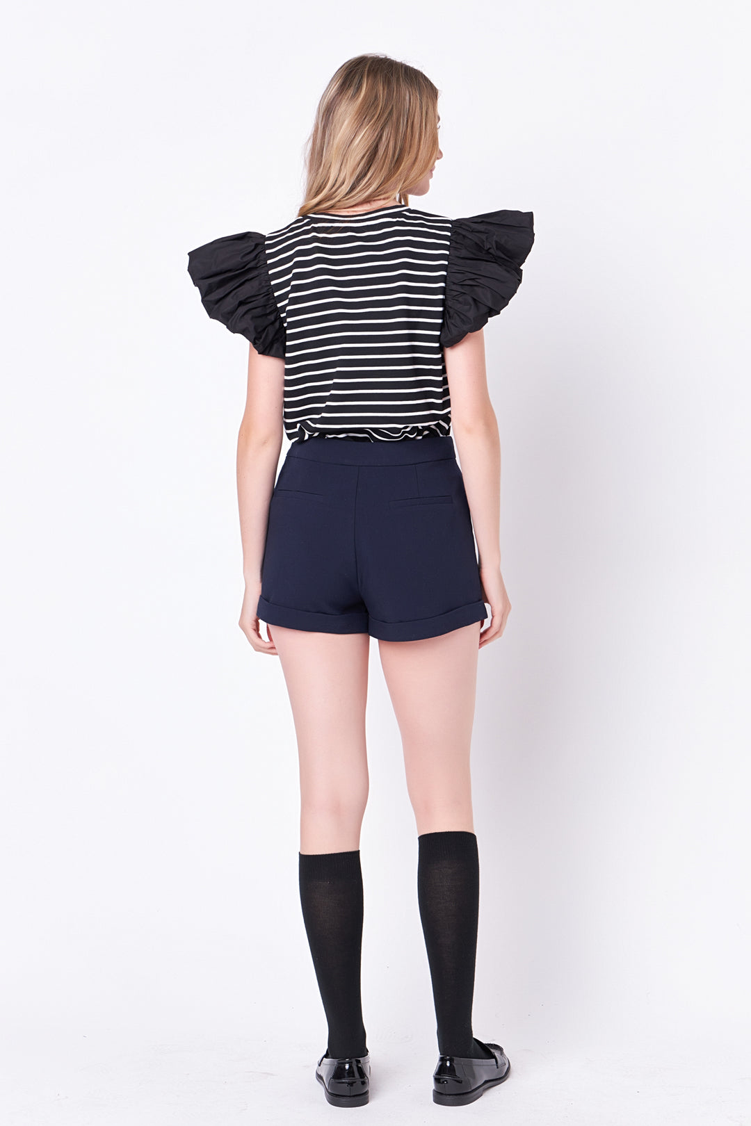 Black Knit Top With Poplin Puff Sleeves