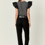 Stripe Knit with Poplin Puff Sleeve Top