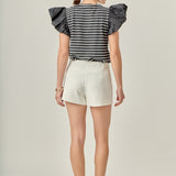 Stripe Knit with Poplin Puff Sleeve Top