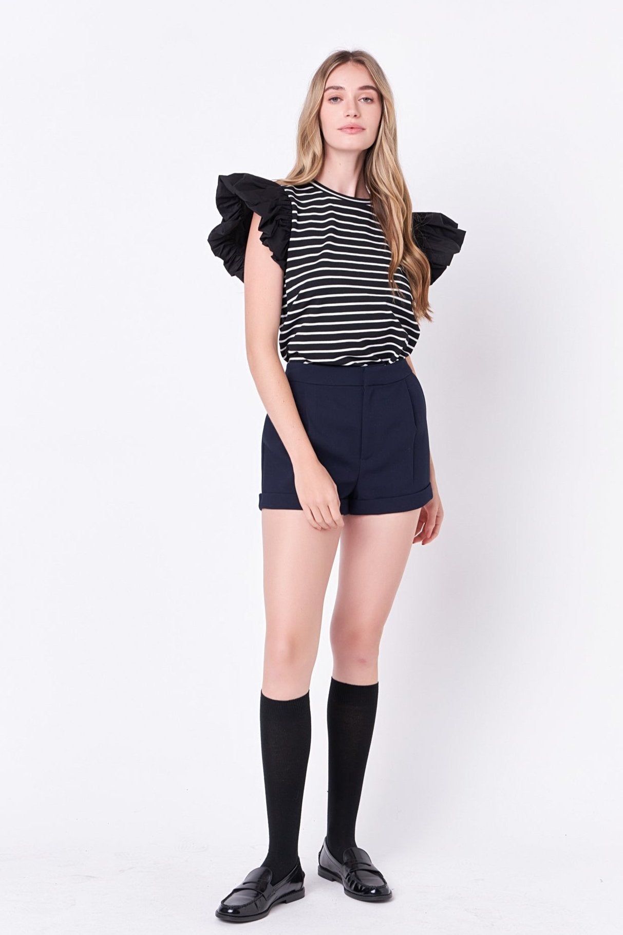 Stripe Knit with Poplin Puff Sleeve Top