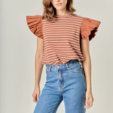 Stripe Knit with Poplin Puff Sleeve Top