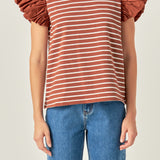 Stripe Knit with Poplin Puff Sleeve Top