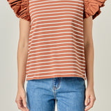 Stripe Knit with Poplin Puff Sleeve Top