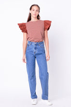 Load image into Gallery viewer, Stripe Knit with Poplin Puff Sleeve Top
