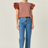 Stripe Knit with Poplin Puff Sleeve Top