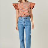 Stripe Knit with Poplin Puff Sleeve Top