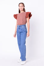 Load image into Gallery viewer, Stripe Knit with Poplin Puff Sleeve Top
