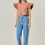 Stripe Knit with Poplin Puff Sleeve Top