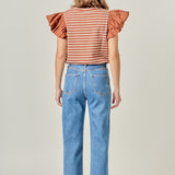 Stripe Knit with Poplin Puff Sleeve Top