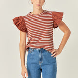 Stripe Knit with Poplin Puff Sleeve Top