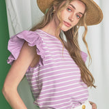 Striped Knit with Poplin Puff Sleeve Top
