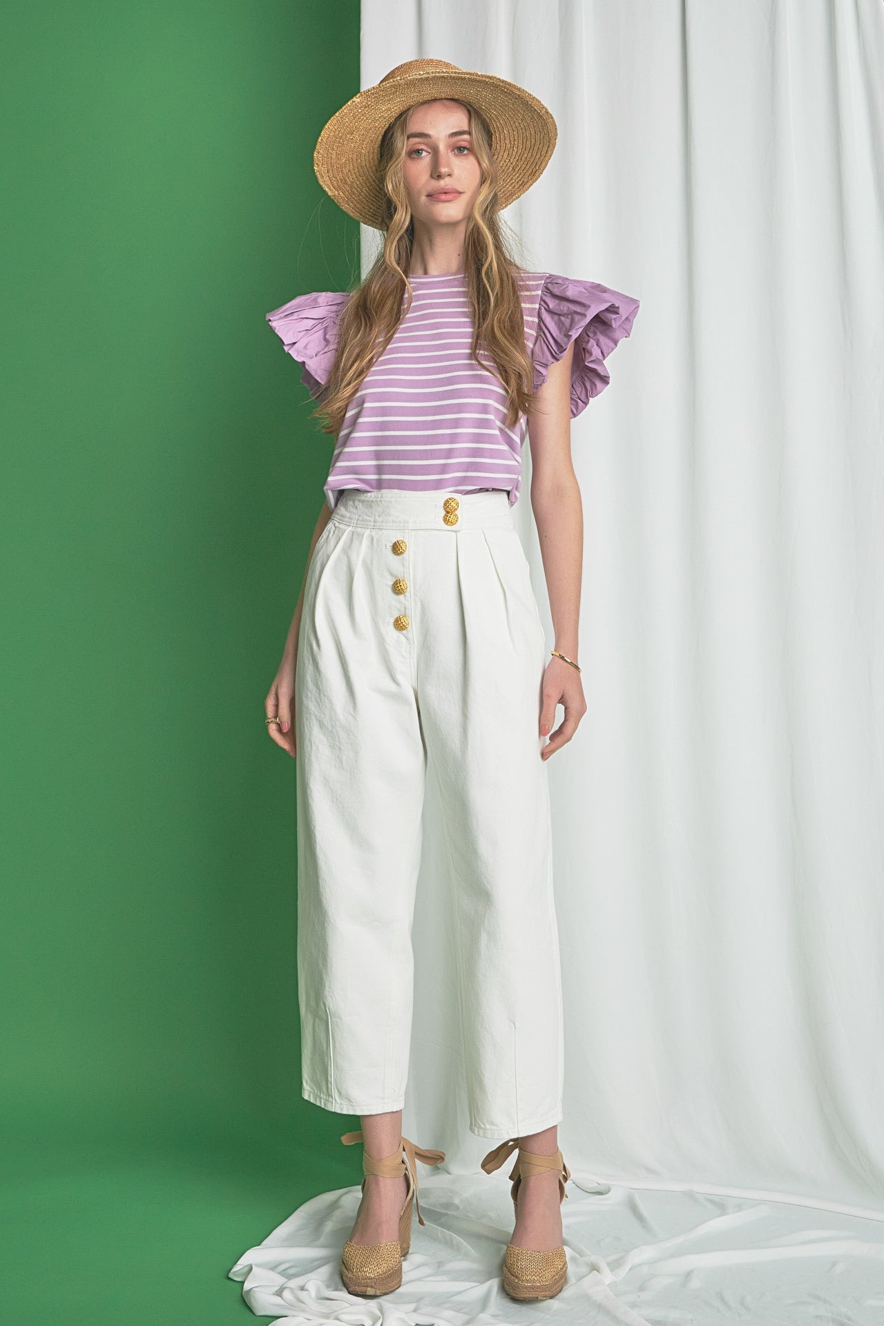 Striped Knit with Poplin Puff Sleeve Top – English Factory