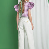 Striped Knit with Poplin Puff Sleeve Top