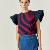 Striped Knit with Poplin Puff Sleeve Top