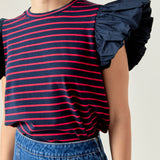 Striped Knit with Poplin Puff Sleeve Top