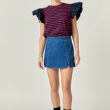 Striped Knit with Poplin Puff Sleeve Top