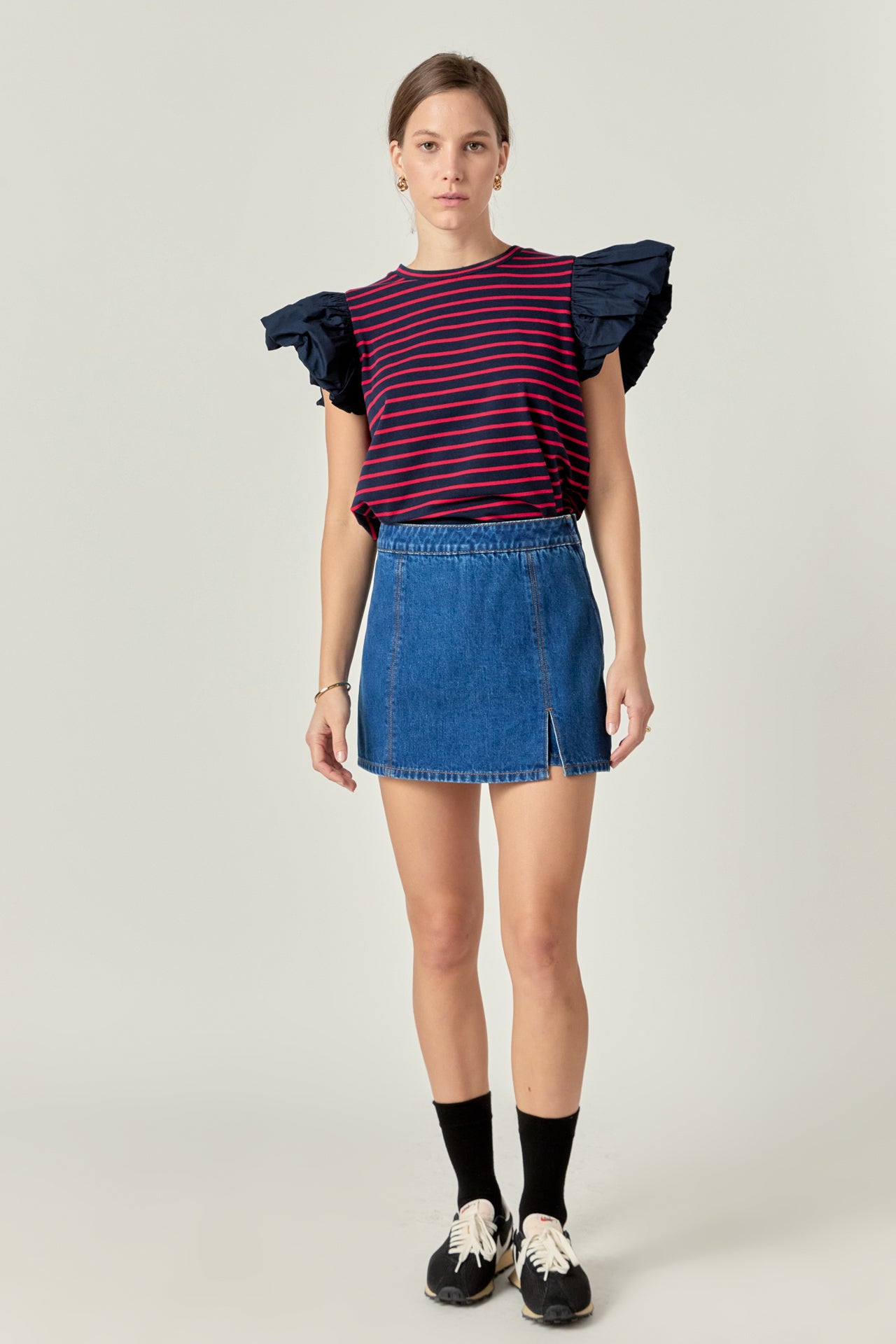 Striped Knit with Poplin Puff Sleeve Top