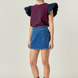 Striped Knit with Poplin Puff Sleeve Top