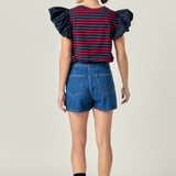 Striped Knit with Poplin Puff Sleeve Top