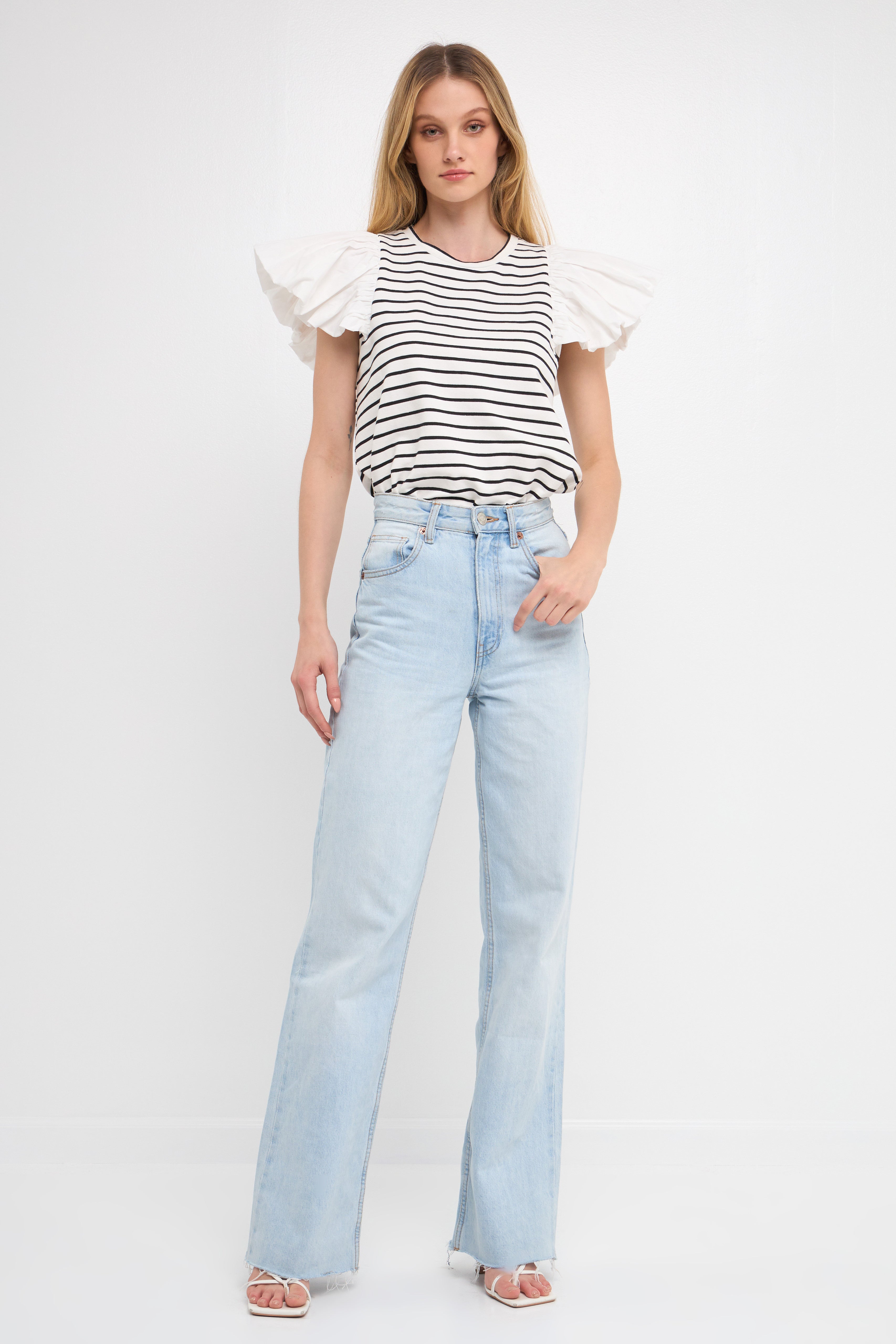 Stripe Knit with Poplin Puff Sleeve Top