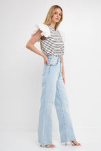 Load image into Gallery viewer, Stripe Knit with Poplin Puff Sleeve Top
