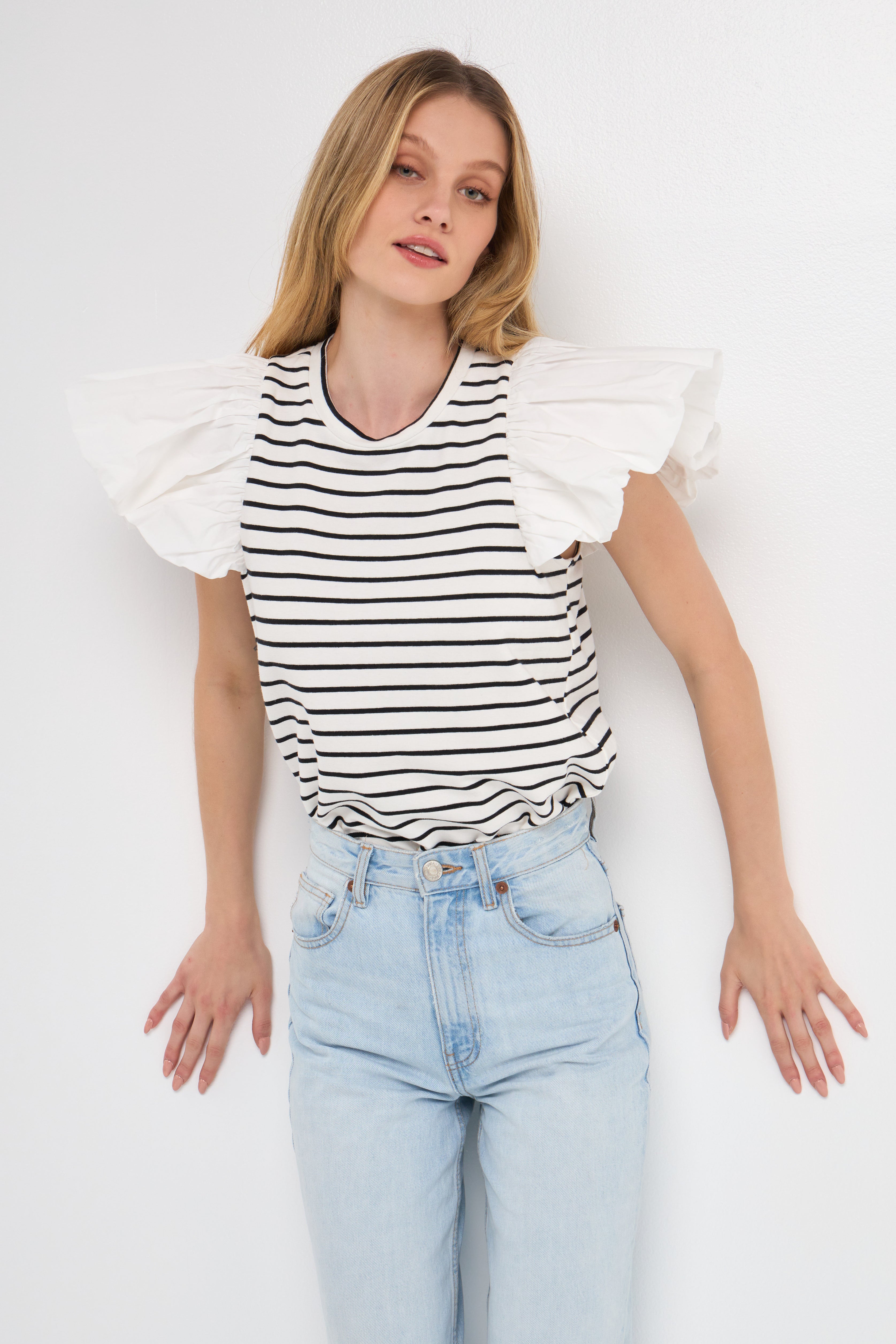 Women's Striped Knit Top with Puff Sleeves and Crew Neckline