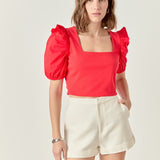 Mixed Media Puff Sleeve Knit Top