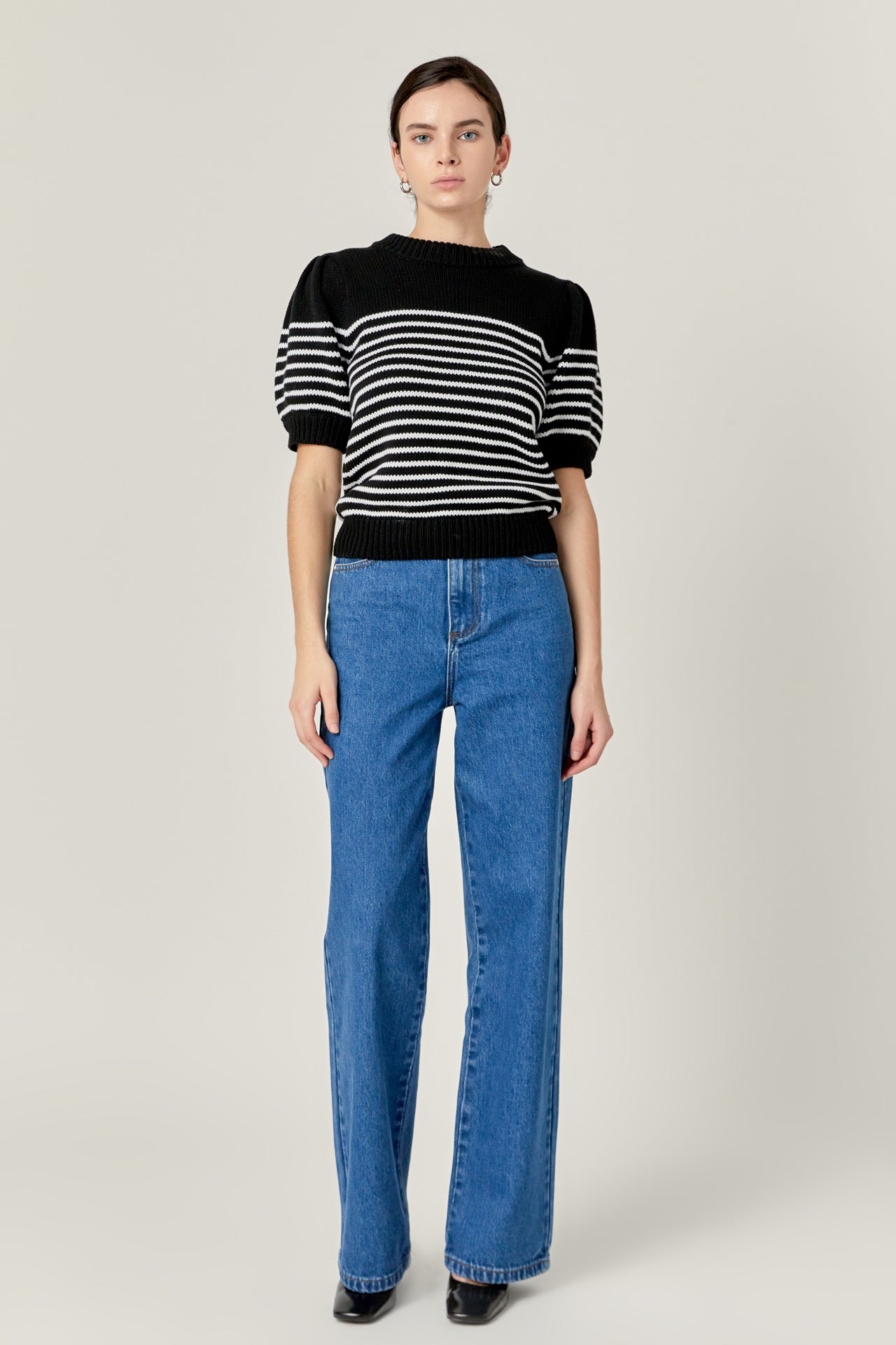 Stripe Short Puff Sleeve Sweater