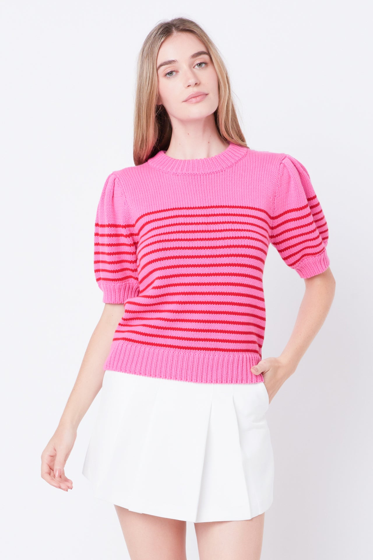 Stripe Short Puff Sleeve Sweater