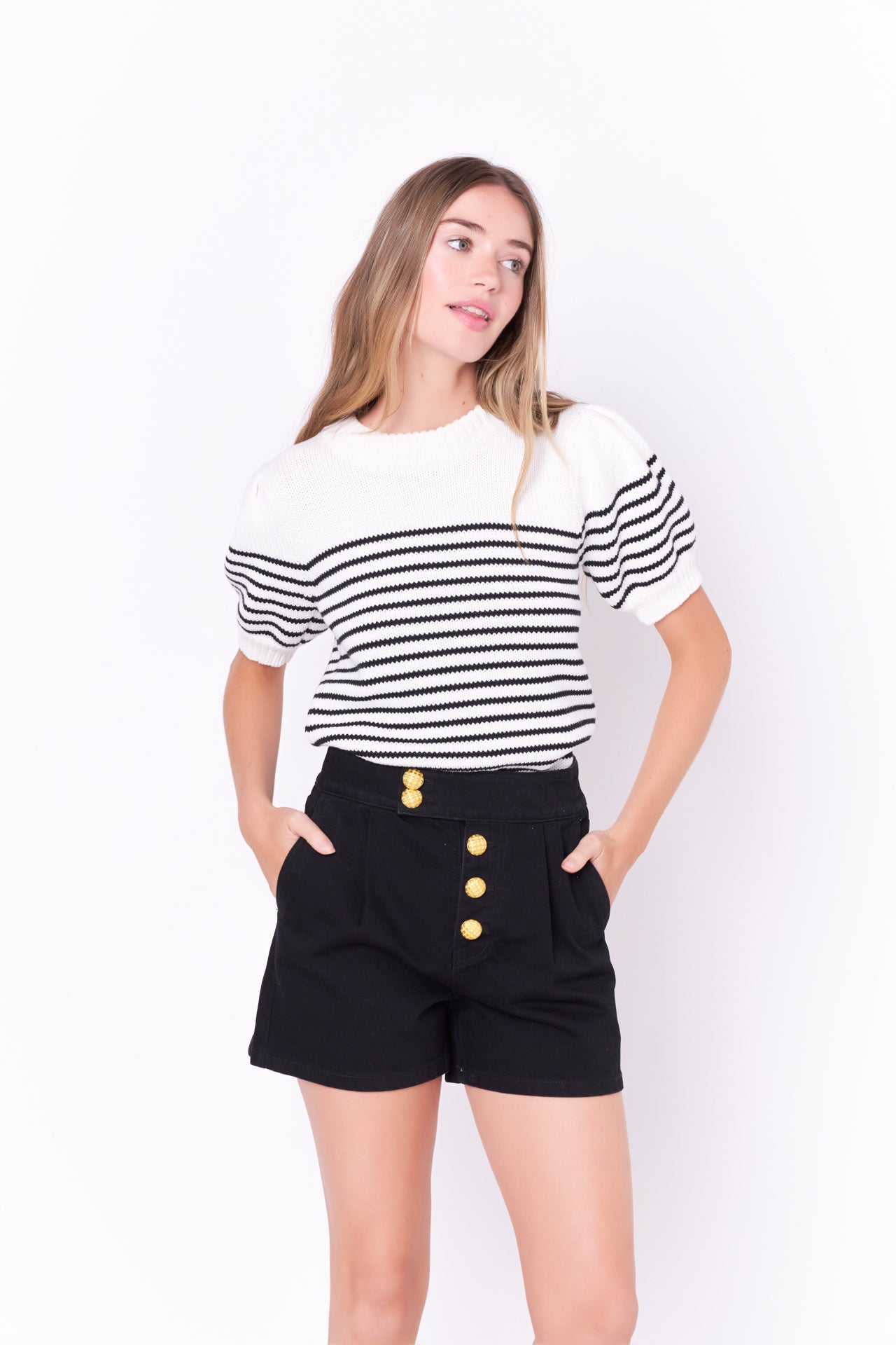 Stripe Short Puff Sleeve Sweater