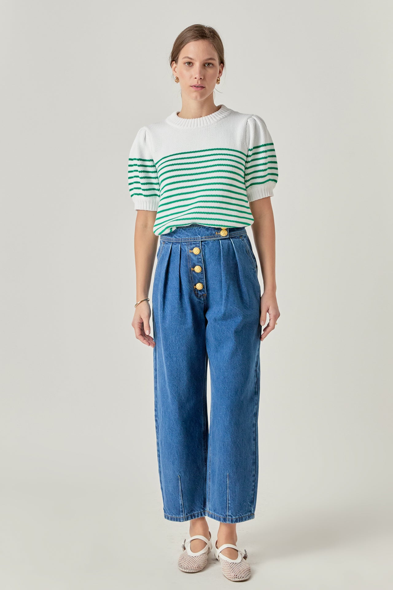 Stripe Short Puff Sleeve Sweater