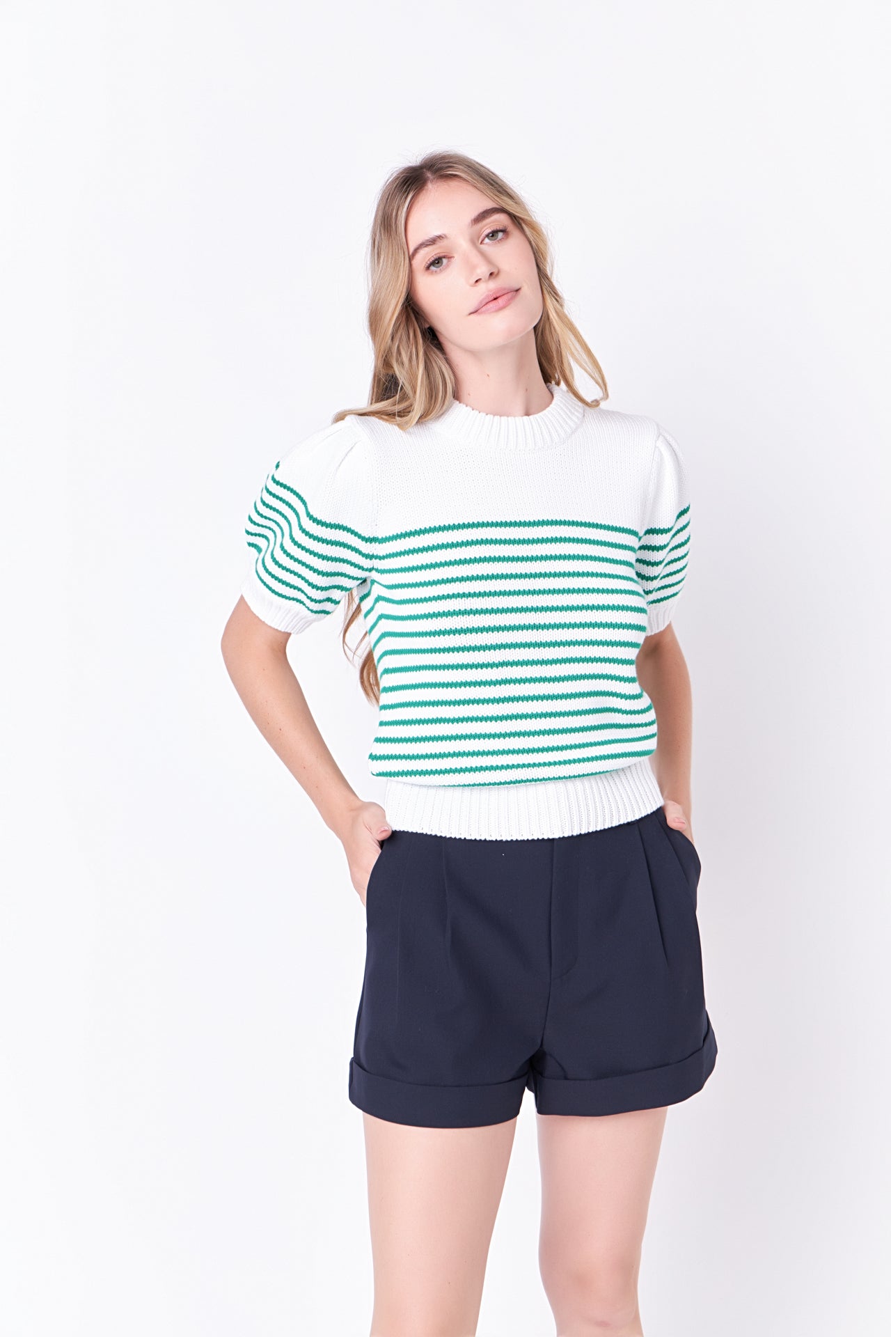 Stripe Short Puff Sleeve Sweater