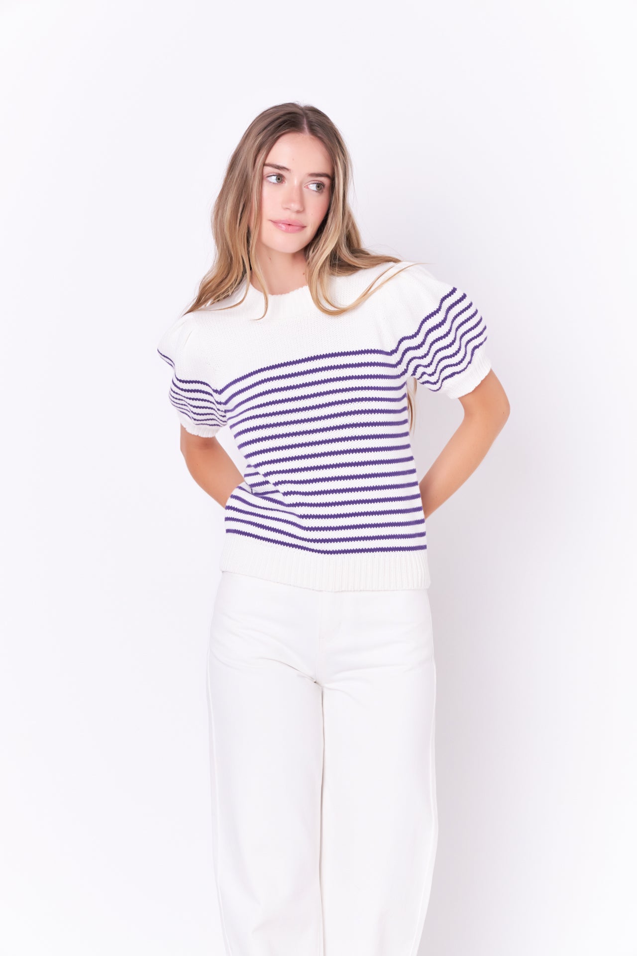 Stripe Short Puff Sleeve Sweater