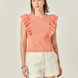 Contrast Merrow Detail Ruffled Sleeveless Knit Top