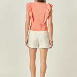Contrast Merrow Detail Ruffled Sleeveless Knit Top