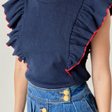 Contrast Merrow Detail Ruffled Knit Top