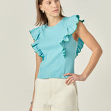 Contrast Merrow Detail Ruffled Sleeveless Knit Top