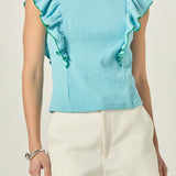 Contrast Merrow Detail Ruffled Sleeveless Knit Top